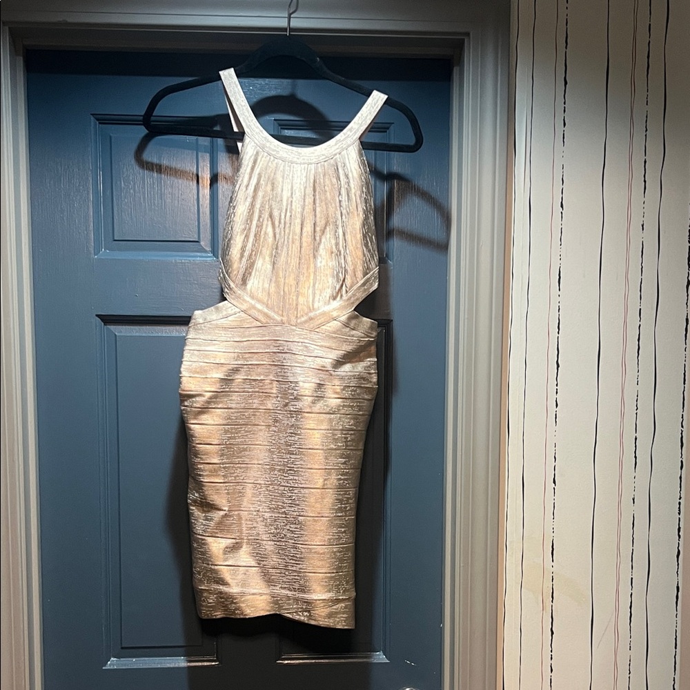 Herve Leger Champagne Metallic Backless Bandage Dress